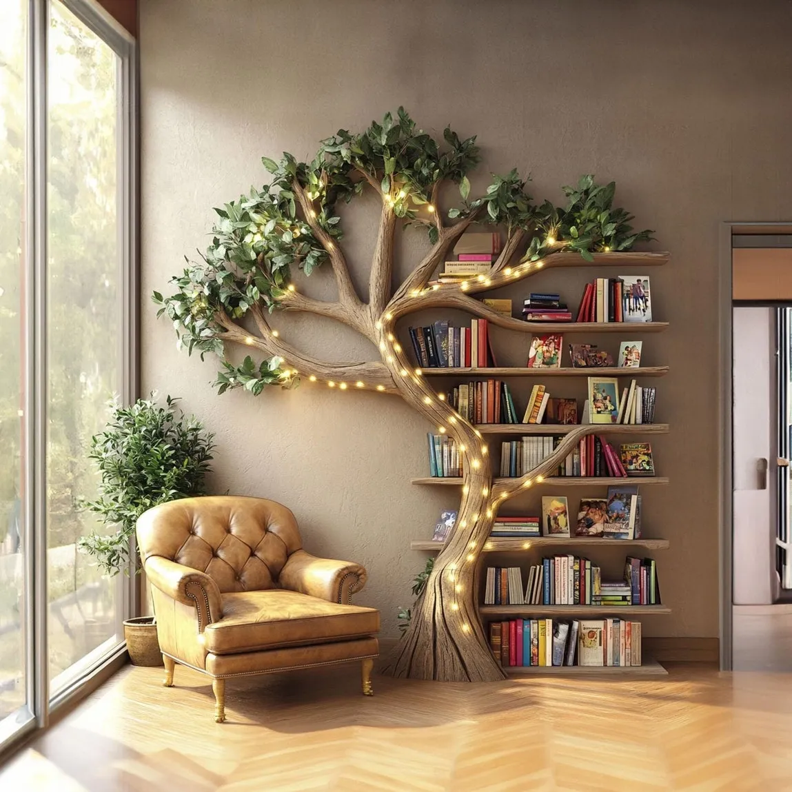 Tree Branch Bookshelf, Live Edge, Wall-Mounted