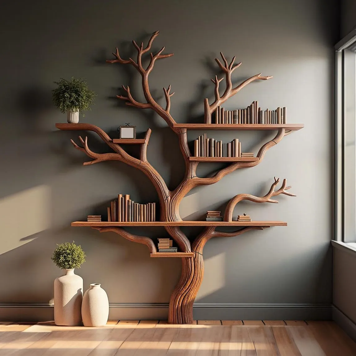 Rustic Tree Branch Bookshelf, Solid Wood Wall Bookcase