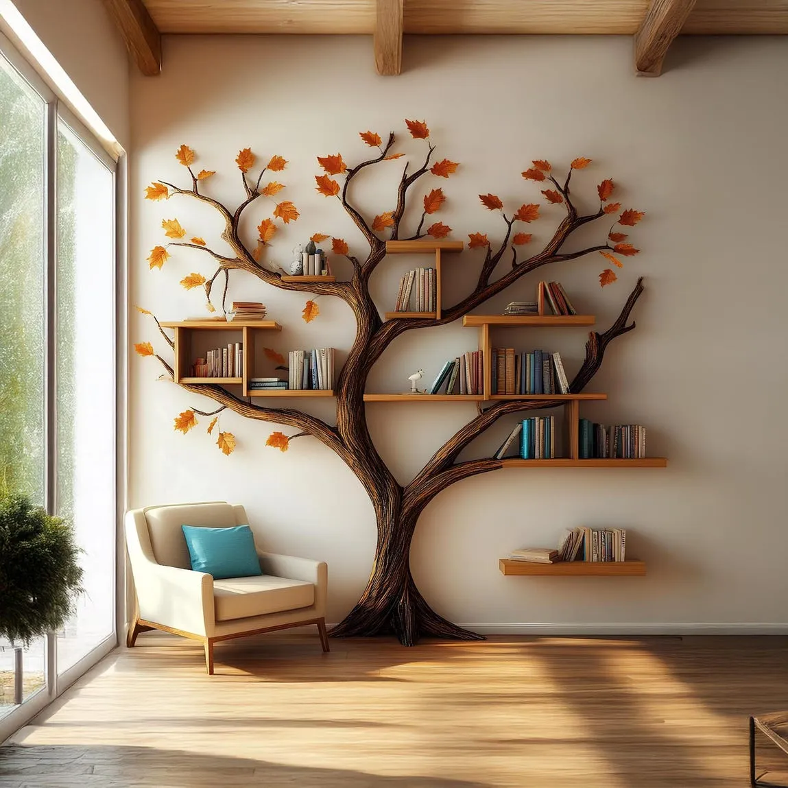 Handcrafted Tree Bookcase, Wall-Mounted Wood Shelf